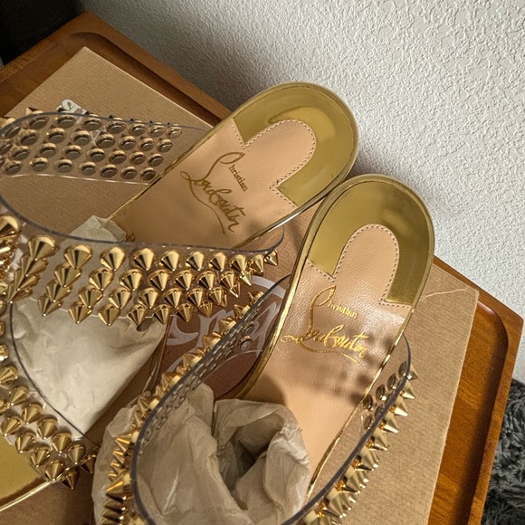 Christian Louboutin Spikes Only 85 Gold PVC Slide Mule Open Sandal Heel Pump 35 - Picture 6 of 10
